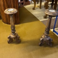 Antique Pair of Large Carved Wood Church Alter Pricket Candle Holders