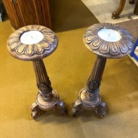 Antique Pair of Large Carved Wood Church Alter Pricket Candle Holders