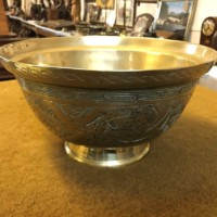 Vintage Brass Chinese Bowl Dragon and Phoenix Etched Design
