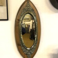 Victorian Oval Bevelled Edge Mirror Wooden Frame with Brass Repousse Trim