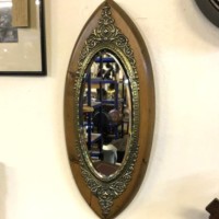 Victorian Oval Bevelled Edge Mirror Wooden Frame with Brass Repousse Trim