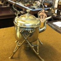 Antique Brass Kettle on Stand with Spirit Burner Warmer