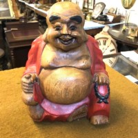 Vintage Solid Wood Carved Laughing Buddha Figure