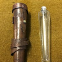 Victorian Leather Saddle Flask with Glass Flask and Silver Plated Top