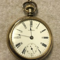 Antique Gold Plated Waltham Open Face Pocket Watch 15 Jewels 24 Hour Dial