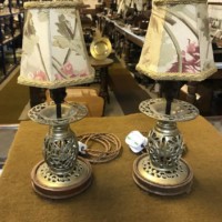 Vintage Pair of Oriental Brass Table Lamps with Floral Pattern Shades