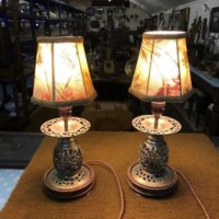 Vintage Pair of Oriental Brass Table Lamps with Floral Pattern Shades