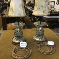 Vintage Pair of Oriental Brass Table Lamps with Floral Pattern Shades