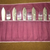 Vintage Set of 6 each Ornate Fish Knives and Forks in 'Tarnprufe' Cloth Roll