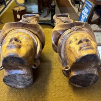Vintage Pair of Tall Igorot Carved Wood Anthropomorphic Ceremonial Offering Bowls