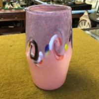Vintage Scottish Strathearn Art Glass Vase Mottled Pink with Blue, Orange and White Coloured Swirls