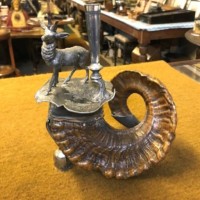 Victorian Ram's Horn and Silver Plate Stag Figure Candle Holder
