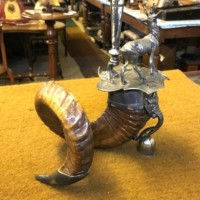 Victorian Ram's Horn and Silver Plate Stag Figure Candle Holder
