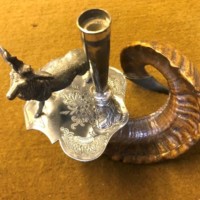 Victorian Ram's Horn and Silver Plate Stag Figure Candle Holder