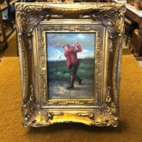 Vintage Oleograph Painting of Golfer in a Carvers and Guilders Gilded Wood Frame