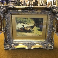 Vintage Oleograph Painting of Pheasants in a Carvers and Guilders Gilded Wood Frame