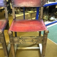 Pair of Spanish Revival Oak and Leather Side / Hall Chairs