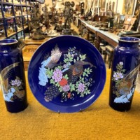 Vintage Pair of Japanese Porcelain Vases and Plate Cobalt Blue and Gilt Floral Pheasant Design