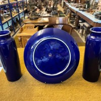 Vintage Pair of Japanese Porcelain Vases and Plate Cobalt Blue and Gilt Floral Pheasant Design