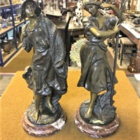 Pair of Bronzed Spelter Figures Peche and Moisson on Marble Bases