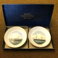 Vintage Royal Worcester Fine Bone China Trinket Dishes Blue Funnel Line Ships 'Agamemnon' and 'Orestes'