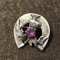 Vintage Scottish Silver Lucky Horseshoe Thistle Brooch with Amethyst Coloured Stone