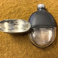 Antique Pewter / Glass / Leather Bound Pocket Spirit Flask