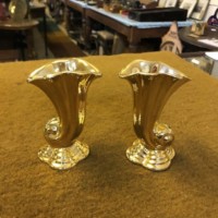 Vintage Pair of Royal Winton Grimwades Gold Cornucopia Spill Vases