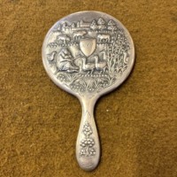 Antique Silver Plated Repousse Hand Mirror with European Farmyard Scene
