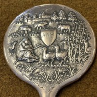 Antique Silver Plated Repousse Hand Mirror with European Farmyard Scene