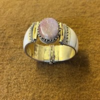 Vintage Brass, Bone and Coloured Stone Cuff Bangle