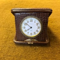 Vintage 8 Days Travel Clock in Faux Crocodile Skin Case Made by L Sandoz Vuille Switzerland