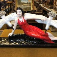 Art Deco Plaster Sculpture of Reclining Lady and Seagulls Signed R.Volpi No44 Circa 1930s