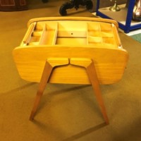 Mid Century Wooden Sewing Box with One Piece Roll Top / Tambour Lid and 2 Sliding Storage Sections