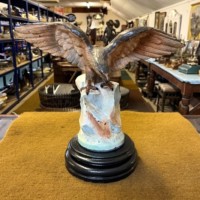 Vintage Cold Painted Cast Brass Eagle Figure On Heavy Ceramic Base