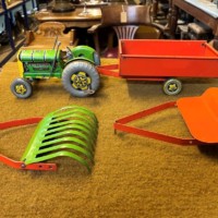 Vintage Mettoy Clockwork Tractor with Tipping Trailer, Mowing Machine and Hay Rake