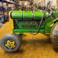 Vintage Mettoy Clockwork Tractor with Tipping Trailer, Mowing Machine and Hay Rake
