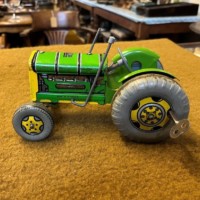 Vintage Mettoy Clockwork Tractor with Tipping Trailer, Mowing Machine and Hay Rake