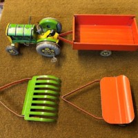 Vintage Mettoy Clockwork Tractor with Tipping Trailer, Mowing Machine and Hay Rake