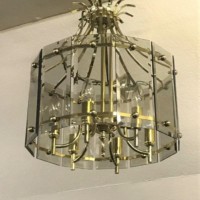 Mid 20th Century Brass and Smoked Glass Panel Chandelier