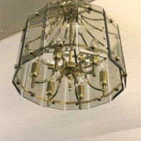 Mid 20th Century Brass and Smoked Glass Panel Chandelier