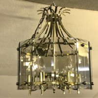 Mid 20th Century Brass and Smoked Glass Panel Chandelier