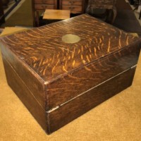 Antique Tiger Oak Writing Slope c/w Inkwell, Original Bramah Lock and Secret Drawers