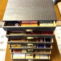 Vintage Cigarette, Cigar and Tobacco Packet / Tin Collection in Faux Alligator Skin Display Cabinet