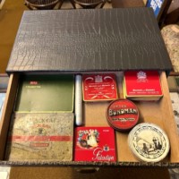 Vintage Cigarette, Cigar and Tobacco Packet / Tin Collection in Faux Alligator Skin Display Cabinet