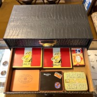 Vintage Cigarette, Cigar and Tobacco Packet / Tin Collection in Faux Alligator Skin Display Cabinet