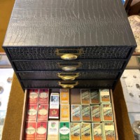 Vintage Cigarette, Cigar and Tobacco Packet / Tin Collection in Faux Alligator Skin Display Cabinet