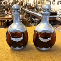 Vintage Pair of Amber Dimple Glass and Hammered Pewter Decanters with Hanging Labels for Whisky & Cognac