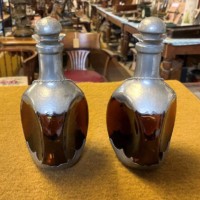 Vintage Pair of Amber Dimple Glass and Hammered Pewter Decanters with Hanging Labels for Whisky & Cognac