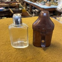 Vintage Leather Bound Cut Glass Spirit Flask with Shot Cup
